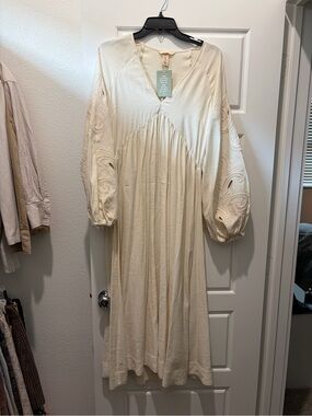 H&M Cream Maxi Dress with Embroidered Balloon Sleeves